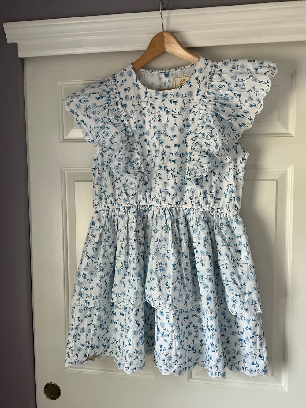 Simply Southern White with Blue Daisy Print Ruffle Sleeves Midi Tiered Dress L - Picture 2 of 15
